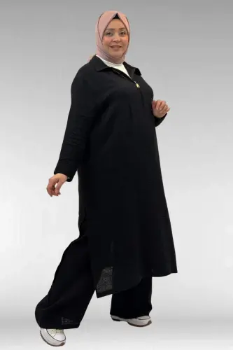 67026 Büyük Beden Erkek Yaka Yarım Fermuarlı Müslin Pantolonlu Takım - Siyah - 1