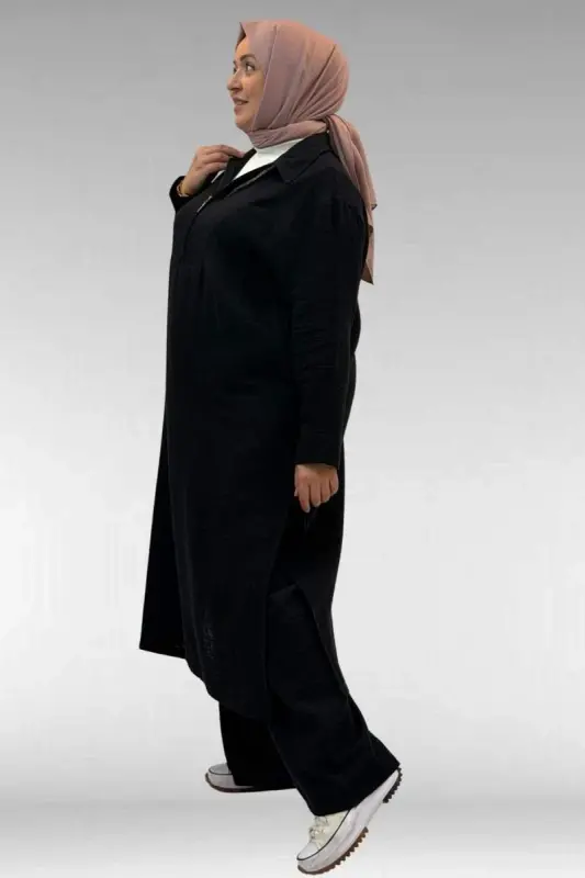 67026 Büyük Beden Erkek Yaka Yarım Fermuarlı Müslin Pantolonlu Takım - Siyah - 2