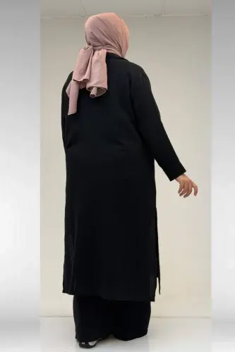 67026 Büyük Beden Erkek Yaka Yarım Fermuarlı Müslin Pantolonlu Takım - Siyah - 3