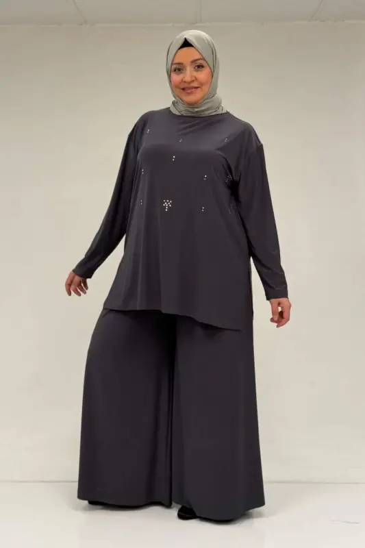 67030 Büyük Beden Yanı Yırtmaçlı Sandy Pantolonlu Takım - Antrasit - BÜYÜKBEDENIZ