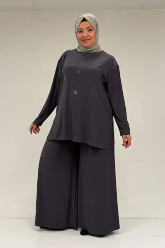 67030 Büyük Beden Yanı Yırtmaçlı Sandy Pantolonlu Takım - Antrasit - 1