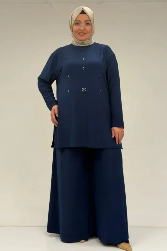 67030 Büyük Beden Yanı Yırtmaçlı Sandy Pantolonlu Takım - İndigo - BÜYÜKBEDENIZ