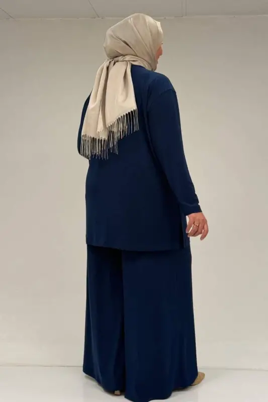 67030 Büyük Beden Yanı Yırtmaçlı Sandy Pantolonlu Takım - İndigo - 3