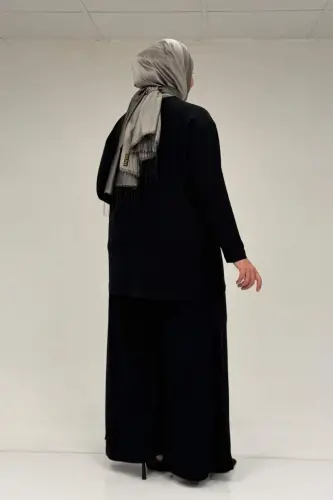 67030 Büyük Beden Yanı Yırtmaçlı Sandy Pantolonlu Takım - Siyah - 3