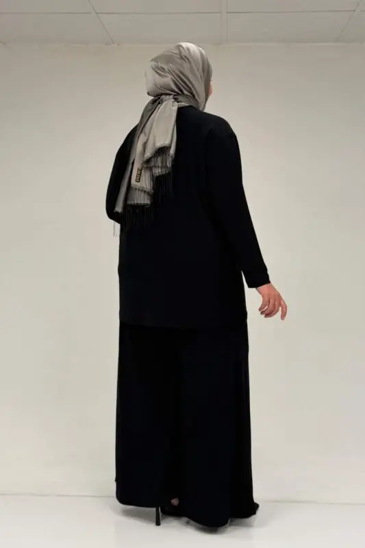 67030 Büyük Beden Yanı Yırtmaçlı Sandy Pantolonlu Takım - Siyah - 3