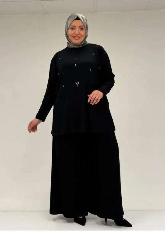 67030 Büyük Beden Yanı Yırtmaçlı Sandy Pantolonlu Takım - Siyah - BÜYÜKBEDENIZ