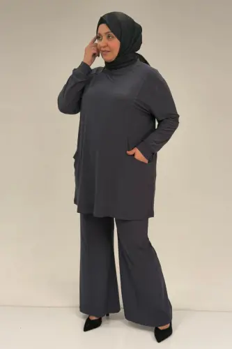 67031 Büyük Beden Yanları Cep Detaylı Pantolonlu Sandy Takım - Antrasit - BÜYÜKBEDENIZ (1)