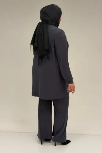 67031 Büyük Beden Yanları Cep Detaylı Pantolonlu Sandy Takım - Antrasit - 3