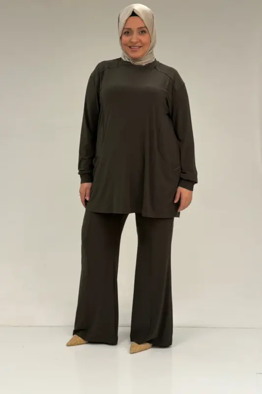 67031 Büyük Beden Yanları Cep Detaylı Pantolonlu Sandy Takım - Haki - 1