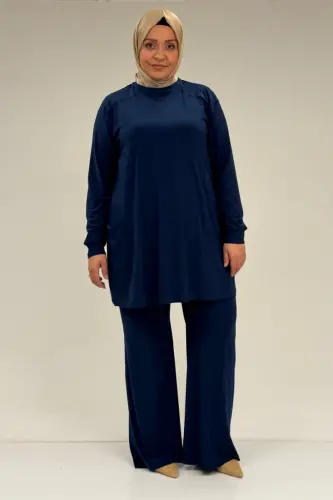 67031 Büyük Beden Yanları Cep Detaylı Pantolonlu Sandy Takım - İndigo - BÜYÜKBEDENIZ (1)