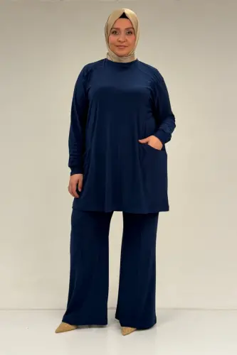 67031 Büyük Beden Yanları Cep Detaylı Pantolonlu Sandy Takım - İndigo - 1