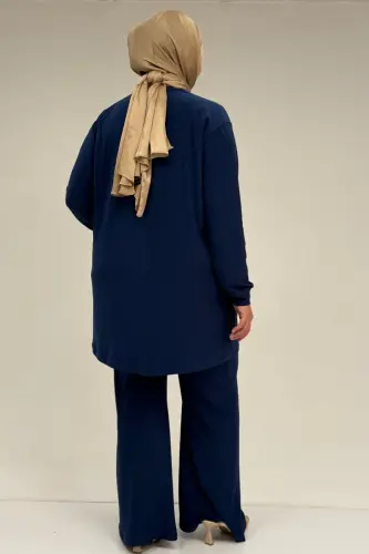 67031 Büyük Beden Yanları Cep Detaylı Pantolonlu Sandy Takım - İndigo - 3
