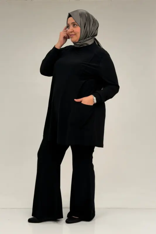 67031 Büyük Beden Yanları Cep Detaylı Pantolonlu Sandy Takım - Siyah - 2