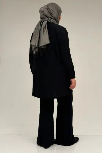 67031 Büyük Beden Yanları Cep Detaylı Pantolonlu Sandy Takım - Siyah - 3