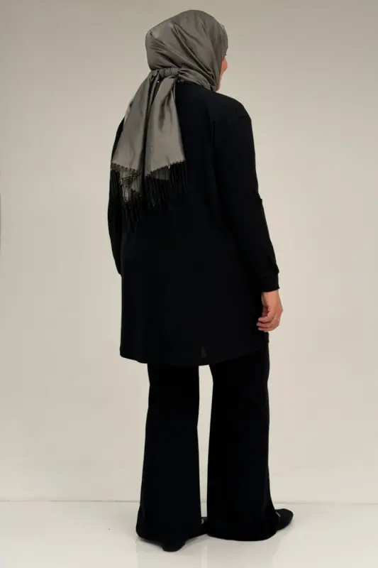 67031 Büyük Beden Yanları Cep Detaylı Pantolonlu Sandy Takım - Siyah - 3