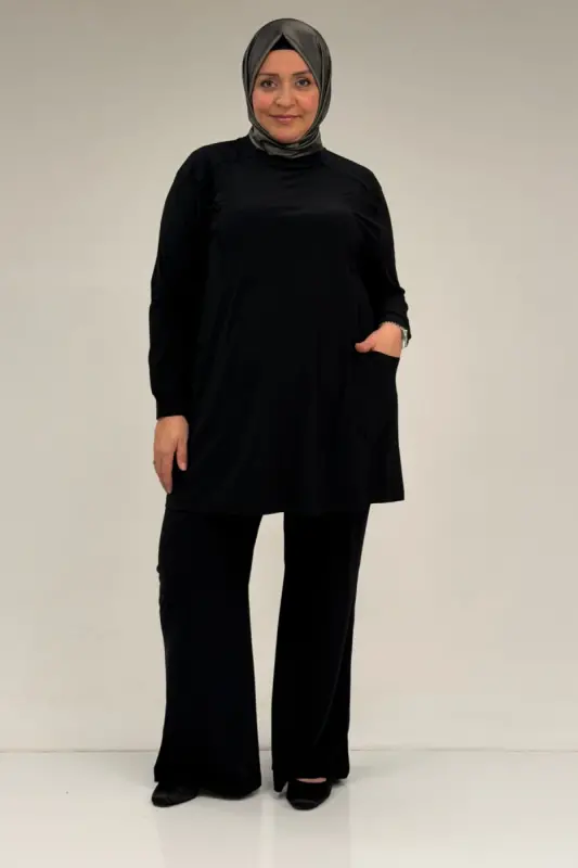 67031 Büyük Beden Yanları Cep Detaylı Pantolonlu Sandy Takım - Siyah - 1