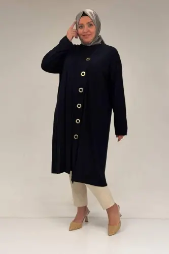 67032 Büyük Beden Kuşgözü Detaylı Penye İkili Takım - Lacivert - 1