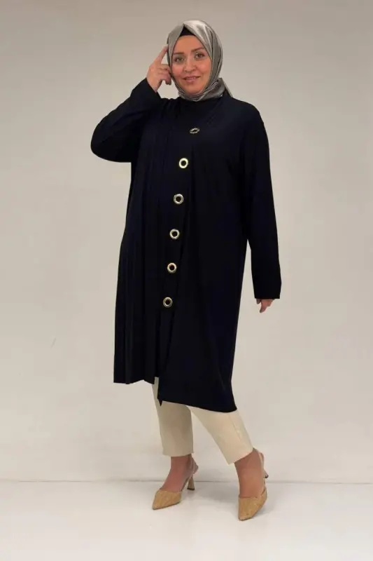 67032 Büyük Beden Kuşgözü Detaylı Penye İkili Takım - Lacivert - 1