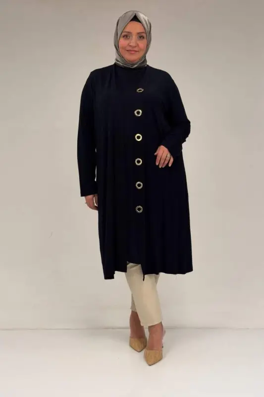 67032 Büyük Beden Kuşgözü Detaylı Penye İkili Takım - Lacivert - 2