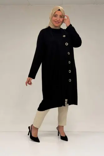 67032 Büyük Beden Kuşgözü Detaylı Penye İkili Takım - Siyah - 1