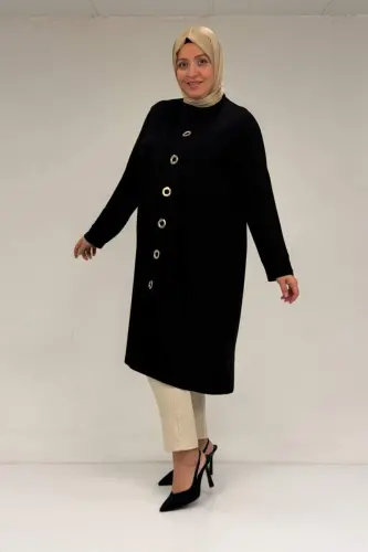 67032 Büyük Beden Kuşgözü Detaylı Penye İkili Takım - Siyah - BÜYÜKBEDENIZ (1)