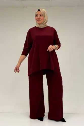 67033 Büyük Beden Etek Ucu Parçalı Sandy Pantolonlu Takım - Bordo - 1