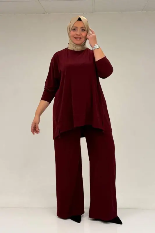 67033 Büyük Beden Etek Ucu Parçalı Sandy Pantolonlu Takım - Bordo - 2
