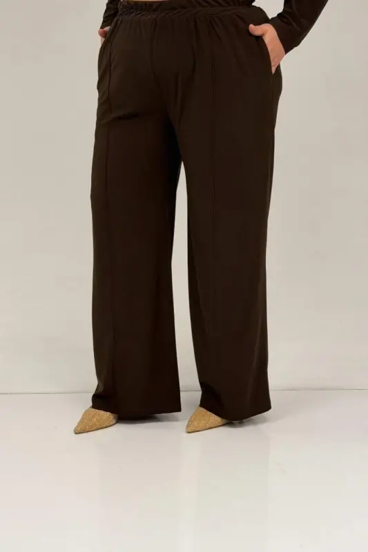 67033 Büyük Beden Etek Ucu Parçalı Sandy Pantolonlu Takım - Kahve - 3