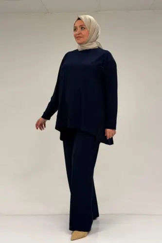 67033 Büyük Beden Etek Ucu Parçalı Sandy Pantolonlu Takım - Lacivert - BÜYÜKBEDENIZ (1)