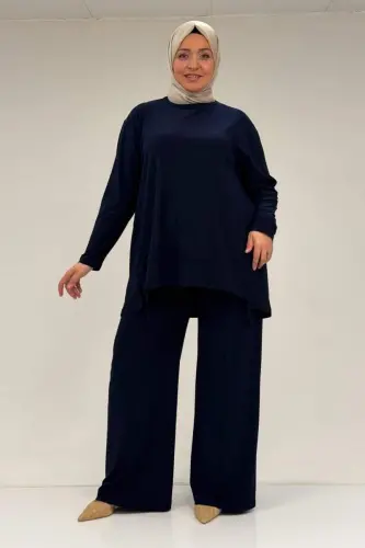 67033 Büyük Beden Etek Ucu Parçalı Sandy Pantolonlu Takım - Lacivert - 1