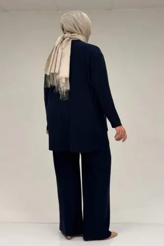 67033 Büyük Beden Etek Ucu Parçalı Sandy Pantolonlu Takım - Lacivert - 3
