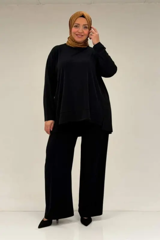 67033 Büyük Beden Etek Ucu Parçalı Sandy Pantolonlu Takım - Siyah - BÜYÜKBEDENIZ