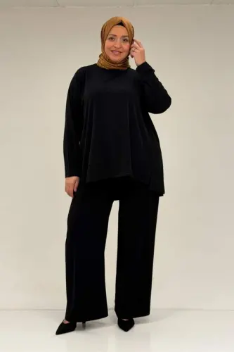 67033 Büyük Beden Etek Ucu Parçalı Sandy Pantolonlu Takım - Siyah - 1