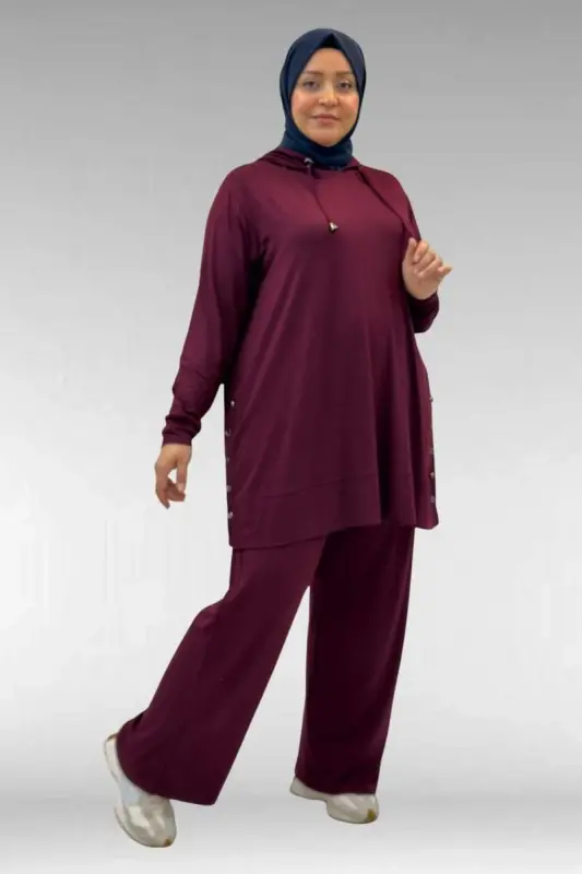 67034 Büyük Beden Yanları Patlı Penye Pantolonlu Takım - Bordo - BÜYÜKBEDENIZ