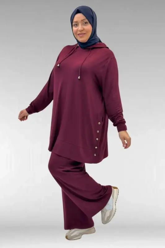 67034 Büyük Beden Yanları Patlı Penye Pantolonlu Takım - Bordo - 2