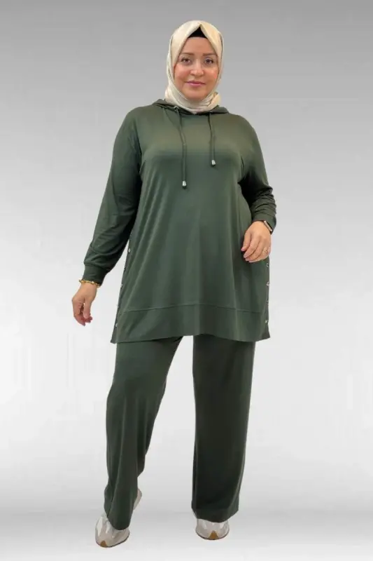 67034 Büyük Beden Yanları Patlı Penye Pantolonlu Takım - Haki - 1