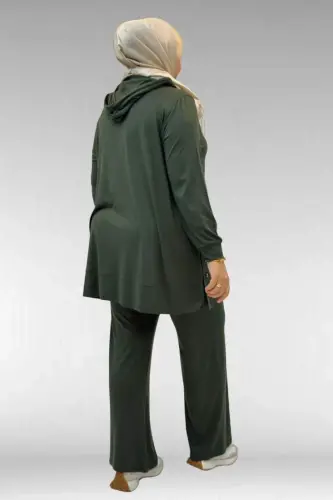 67034 Büyük Beden Yanları Patlı Penye Pantolonlu Takım - Haki - 3