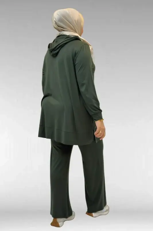 67034 Büyük Beden Yanları Patlı Penye Pantolonlu Takım - Haki - 3