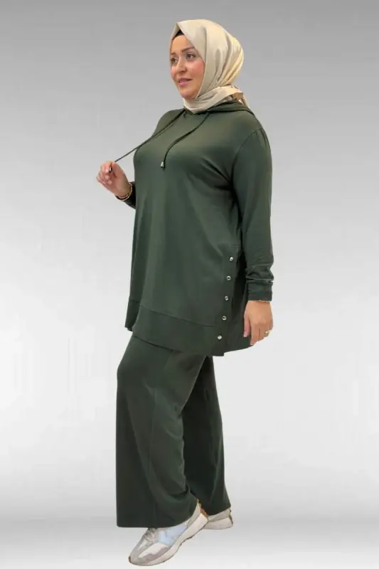 67034 Büyük Beden Yanları Patlı Penye Pantolonlu Takım - Haki - 2