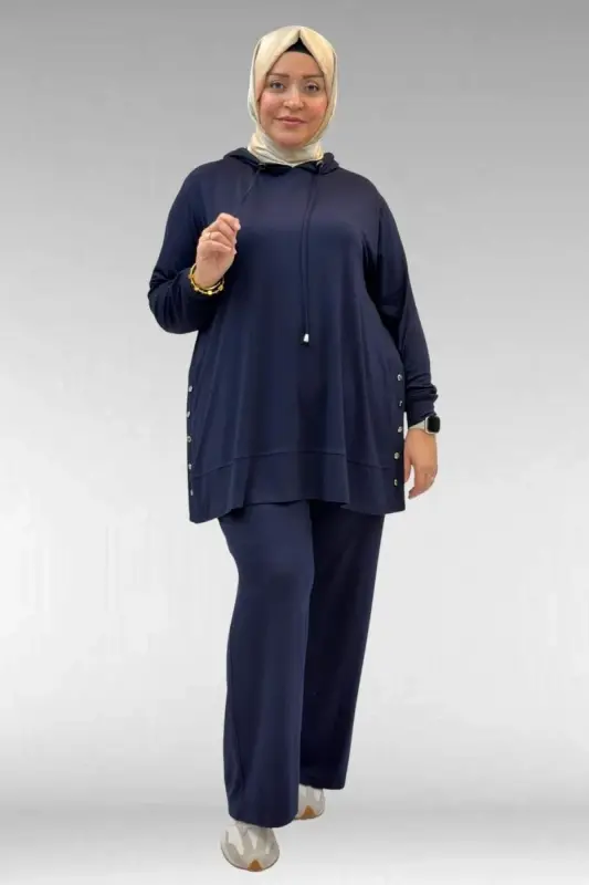 67034 Büyük Beden Yanları Patlı Penye Pantolonlu Takım - Lacivert - BÜYÜKBEDENIZ