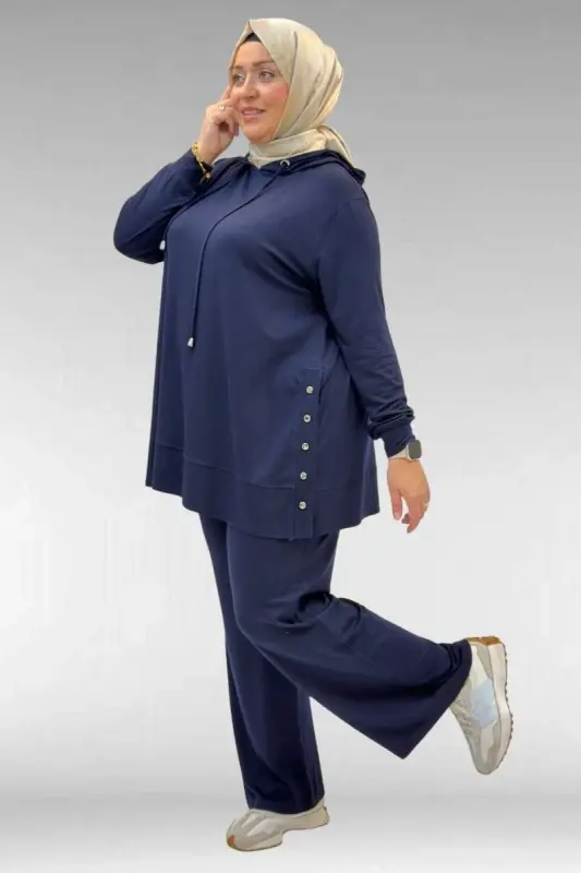 67034 Büyük Beden Yanları Patlı Penye Pantolonlu Takım - Lacivert - 2