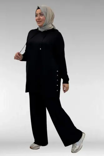 67034 Büyük Beden Yanları Patlı Penye Pantolonlu Takım - Siyah - 2