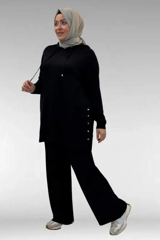 67034 Büyük Beden Yanları Patlı Penye Pantolonlu Takım - Siyah - 2