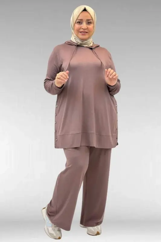 67034 Büyük Beden Yanları Patlı Penye Pantolonlu Takım - Vizon - 1