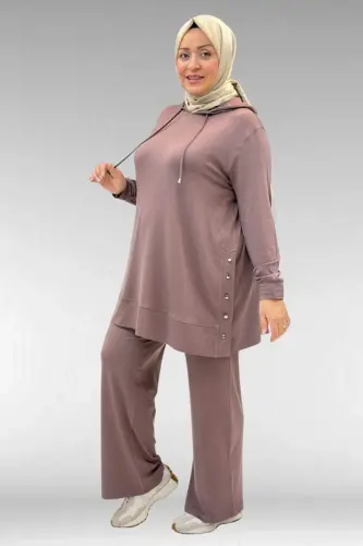 67034 Büyük Beden Yanları Patlı Penye Pantolonlu Takım - Vizon - BÜYÜKBEDENIZ (1)
