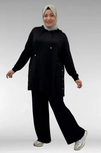 67034 Plus Size Side Buttoned Cotton Jersey Pant Set - Black - 1