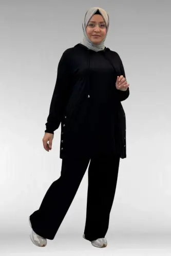 67034 Plus Size Side Buttoned Cotton Jersey Pant Set - Black - 3