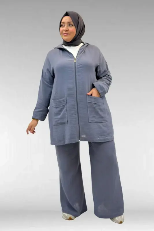 67035 Büyük Beden Kapşonlu Fermuarlı Müslin Pantolonlu Takım - Antrasit - 2