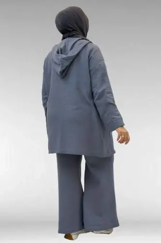 67035 Büyük Beden Kapşonlu Fermuarlı Müslin Pantolonlu Takım - Antrasit - 3