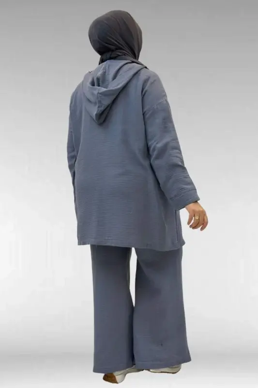 67035 Büyük Beden Kapşonlu Fermuarlı Müslin Pantolonlu Takım - Antrasit - 3